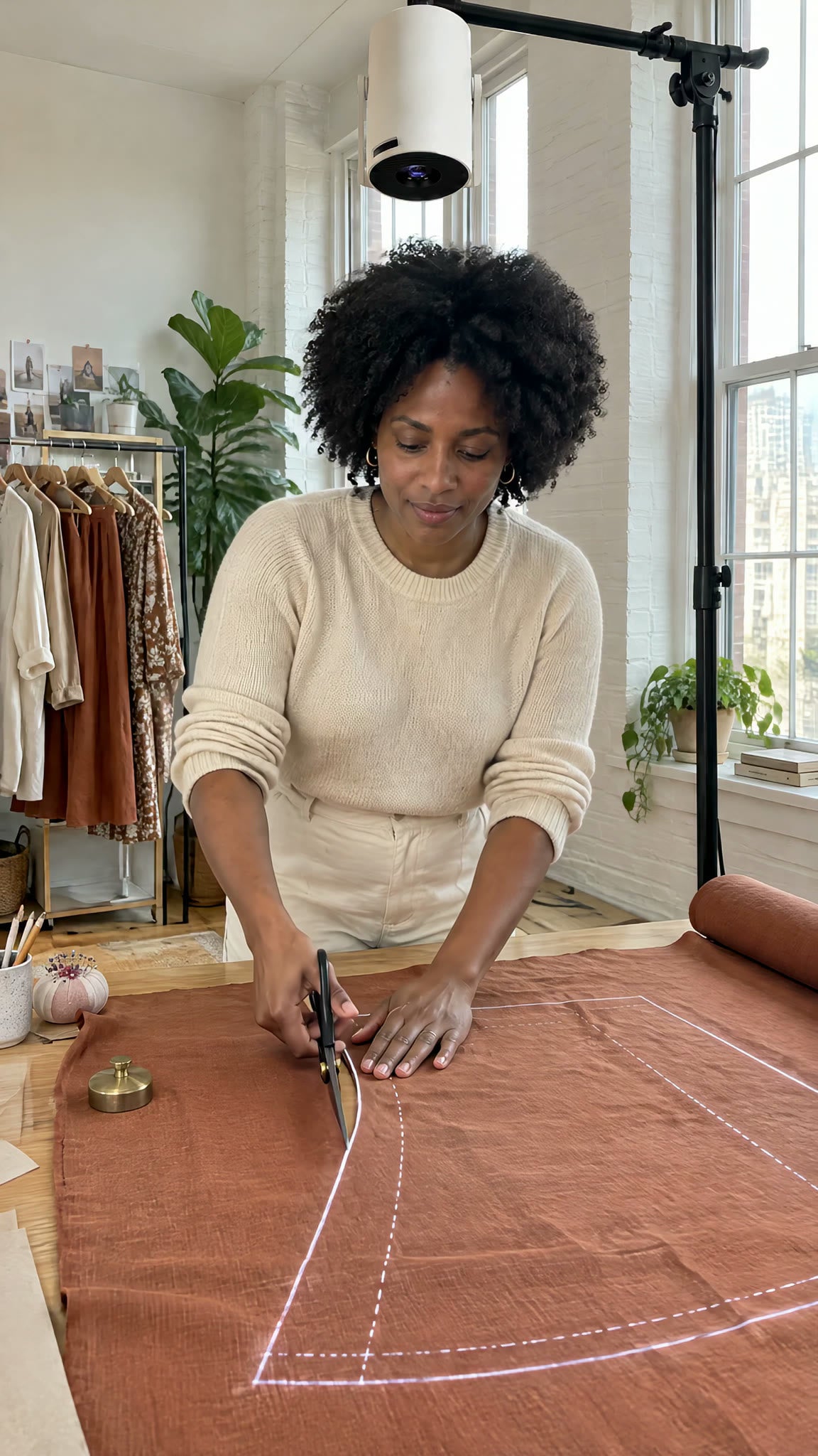 Pattern projected onto fabric and cut along the line