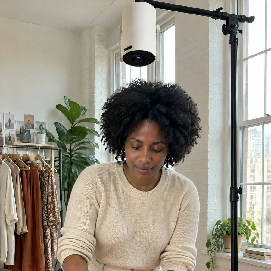 Projector mounted above a sewing table